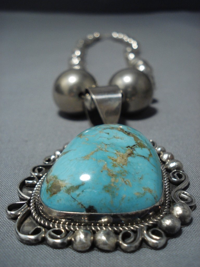 Gigantic Vintage Navajo Hand Hammered Native American Jewelry Silver Royston Turquoise Necklace