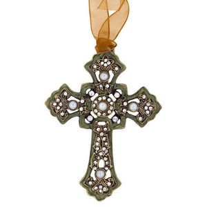 Gothic Green Pearl Cross with Ribbon