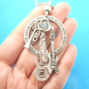 Guitar Violin Trumpet Musical Instrument Themed Charm Necklace in Silver