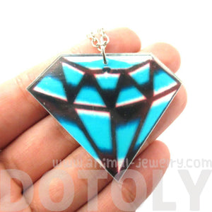 Hand Drawn Blue Diamond Shaped Illustrated Acrylic Pendant Necklace