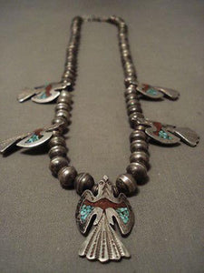 HEAVIER AND VERY OLD VINTAGE NAVAJO SILVER BIRD TURQUOISE CORAL NECKLACE