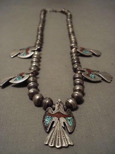 HEAVIER AND VERY OLD VINTAGE NAVAJO SILVER BIRD TURQUOISE CORAL NECKLACE