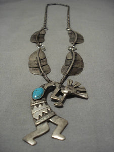 Heavier Detailed!! Vintage Native American Navajo Feather Sterling Silver Turquoise Necklace Old