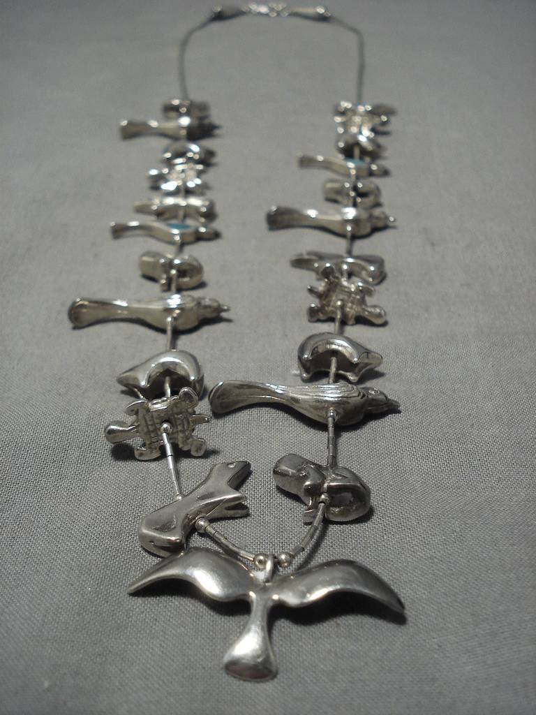 Heavy And Thick!! Vintage Native American Navajo Sterling Silver Turquoise Fetish Necklace Old