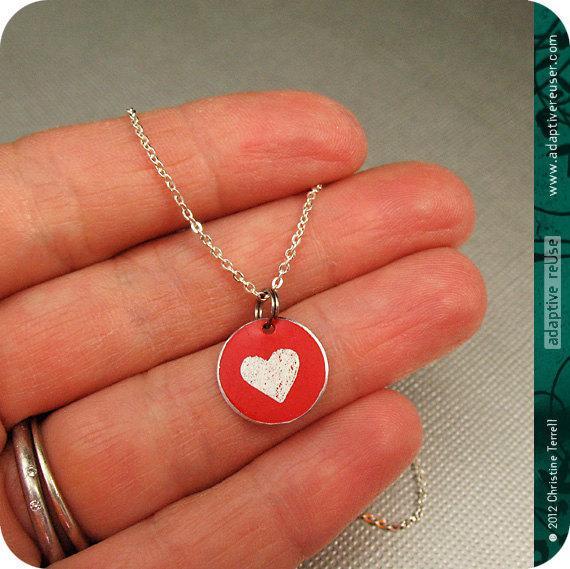 Tiny Etched Silver Heart on Red Upcycled Tin Necklace