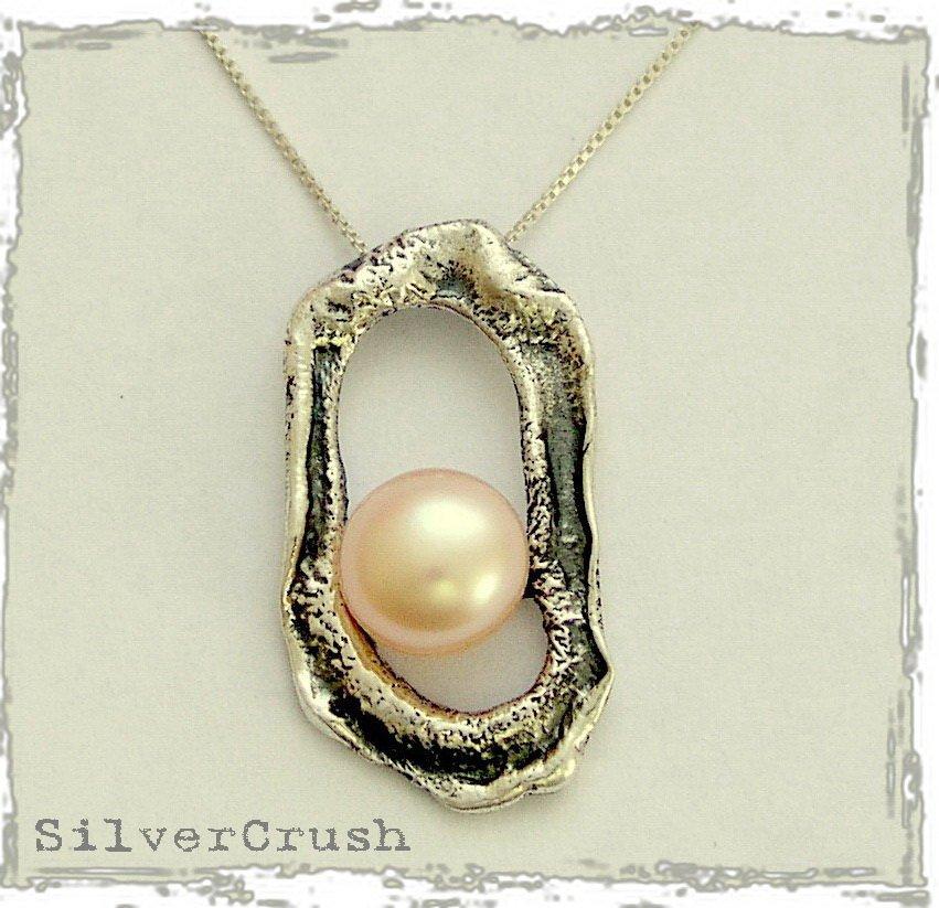 Peach pearl necklace, organic pendant, oxidized, silver pendant, peach pearl pendant, sterling silver chain - Pearl in the rough N4498