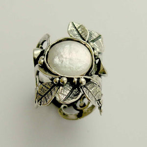 June birthstone ring, pearl ring, cocktail statement ring, botanical ring, sterling silver ring, leaves ring - To the end of love R1702