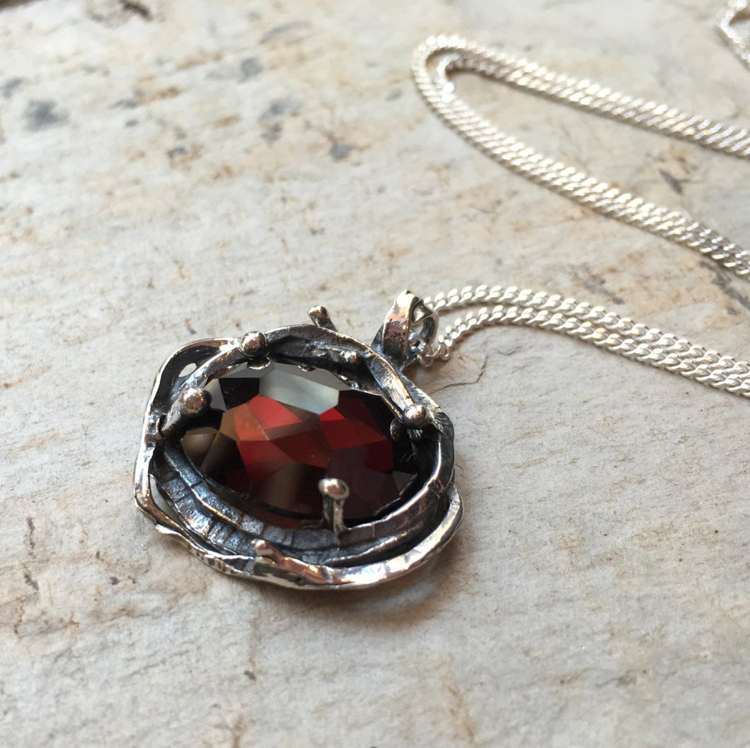 Garnet necklace, gemstone pendant, January birthstone, organic pendant, chunky silver pendant, simple necklace - The Seven Seas N8915-2