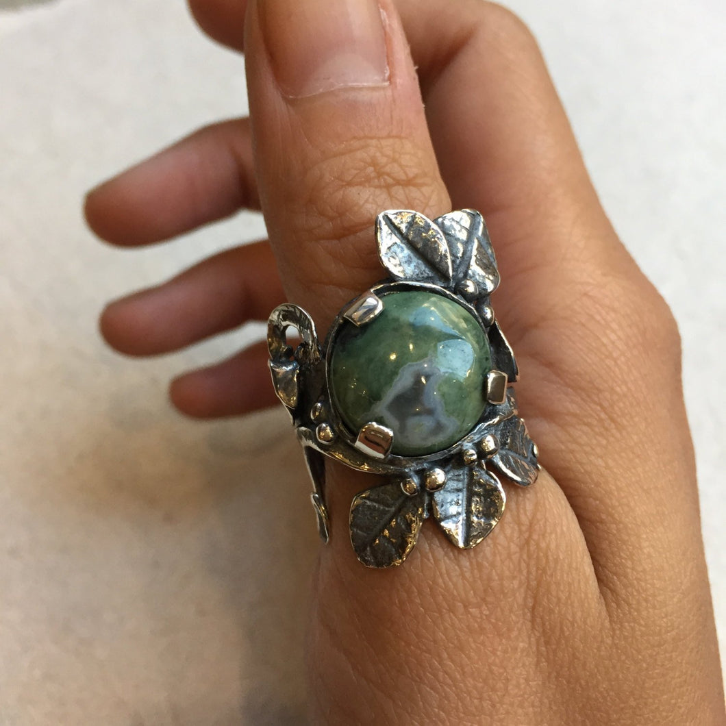 Jasper ring, gemstone ring, cocktail statement ring, botanical ring, silver gold ring, leaves ring, leaf ring - To the end of love R1702-1