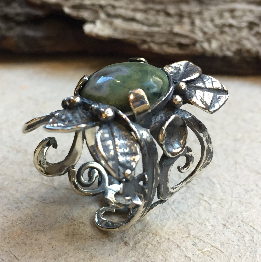 Green jasper statement silver gold leaves ring - To the end of love R1702-1