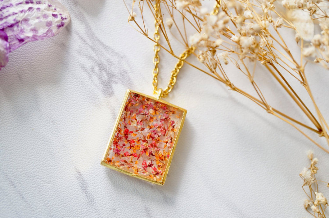 Real Dried Flowers in Resin Square Necklace in Gold Red Orange