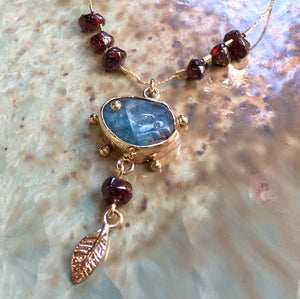 Blue Agate Garnet Gold Necklace - Storm In My Heart N2041