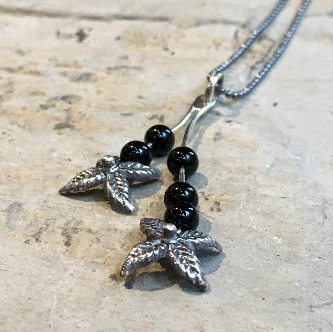 Floral necklace, Silver onyx necklace, botanical necklace, leaves necklace, onyx floral pendant, botanical pendant - Discovery N2054