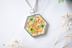 Real Dried Flowers in Resin Silver Hexagon Necklace in Orange Green Copper Flake Mix