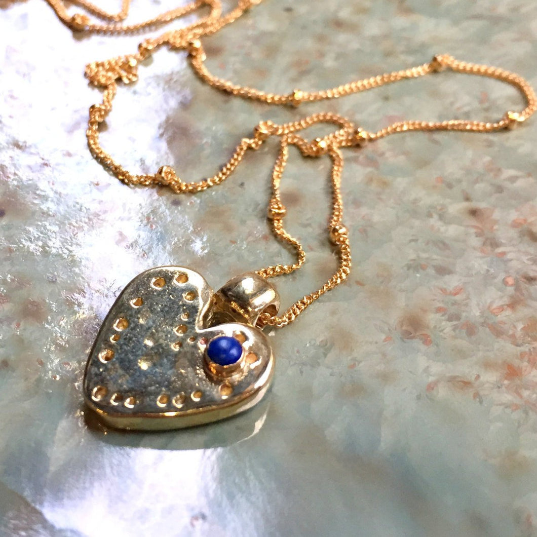 Heart pendant, heart necklace, hammered necklace, Valentines necklace, lapis stone necklace, goldfilled brass necklace - Love street N2046