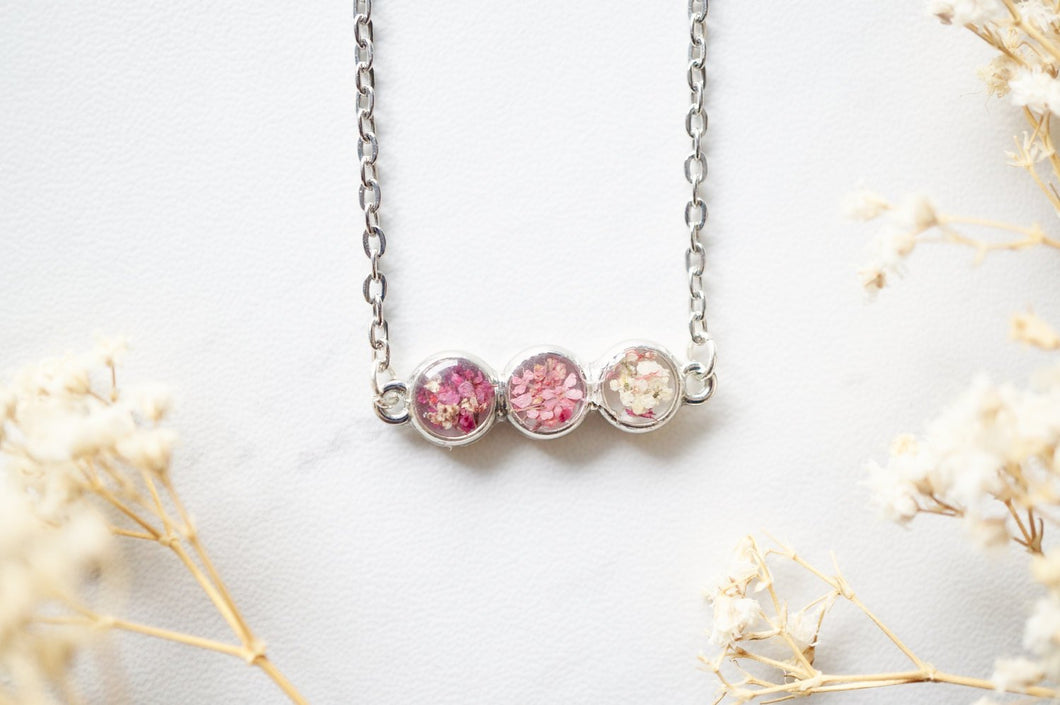 Real Dried Flowers and Resin Necklace Ombre Pink White Bar