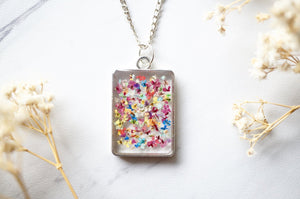 Real Dried Flowers in Resin Necklace, Silver Square in Party Mix