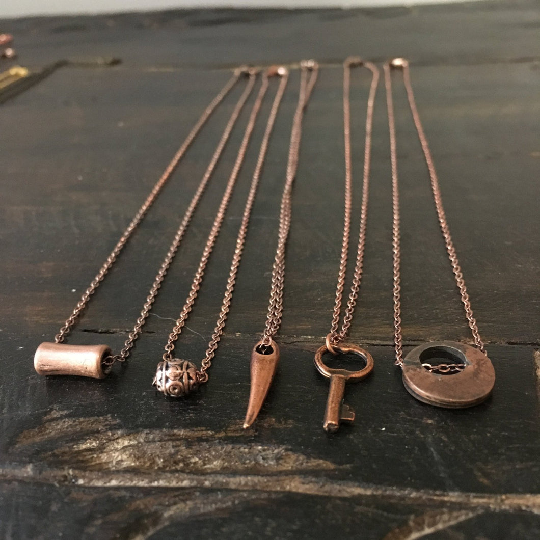 Minimalist charm necklace, Layering Necklace, Copper necklace, dainty pendant necklace, Gift for her, key, bead, bar, tube, spike - AFN100