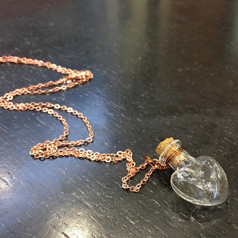 Miniature Bottle pendant, heart necklace, valentines gift, rose gold chain, Vial Necklace, bottle necklace, Layering Necklace - AFN 104 1