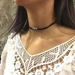 Black suede Choker necklace, Minimalist necklace, silver tube pendant, Teen necklace, Layering Necklace, wrap bracelet, casual - AFN 115