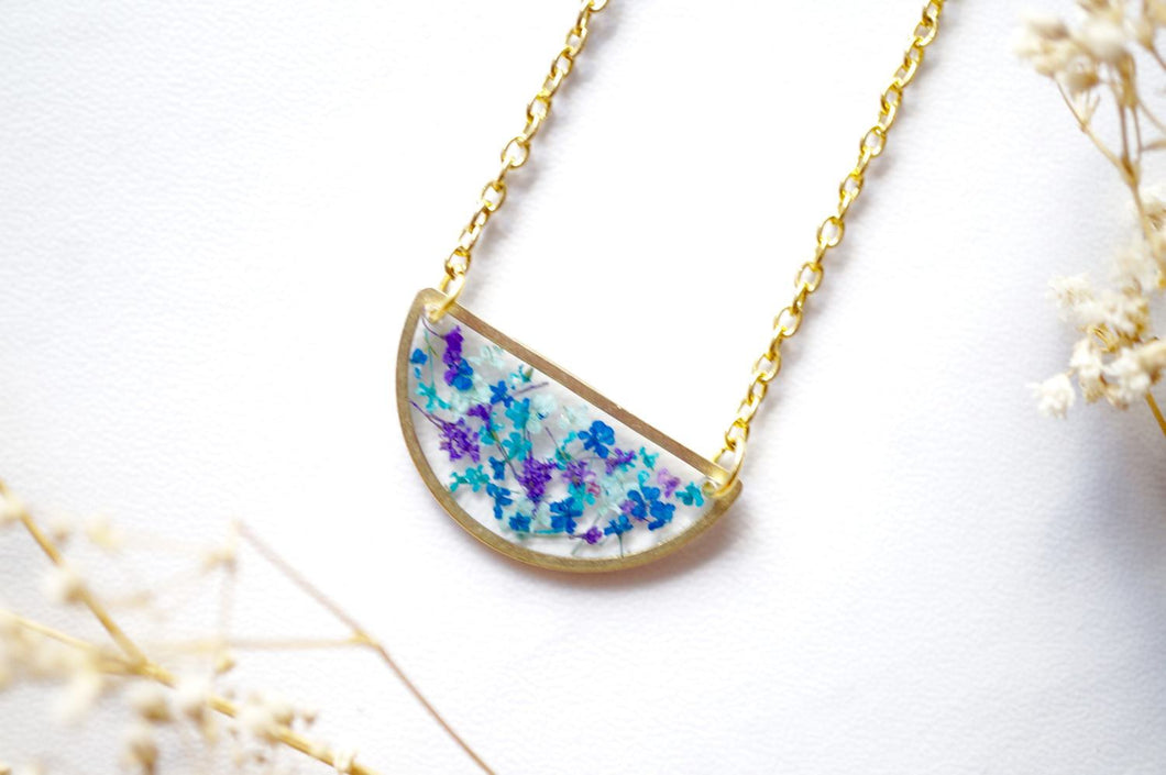 Real Dried Flowers in Resin Necklace, Half Circle in Purple, Mint, Blue, Teal