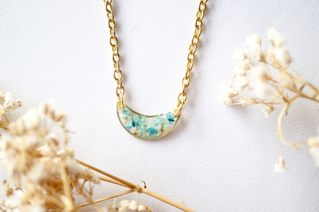 Real Dried Flowers in Resin Necklace, Gold Half Moon in Teal Mint White