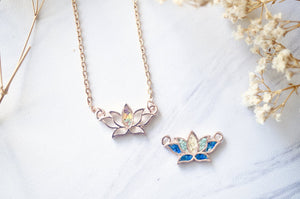 Real Pressed Flowers and Resin Necklace Rose Gold Lotus Flower in Pink and Green