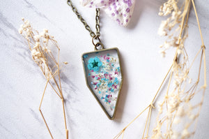 Real Dried Flowers in Resin Necklace, Arrowhead in Teal Magenta White