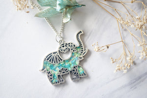 Real Dried Flowers in Resin Silver Tribal Elephant Necklace in Mint Teal Mix