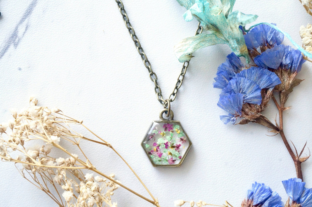 Real Dried Flowers in Resin Necklace, Hexagon in Magenta, Green, and Yellow