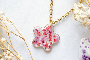 Real Dried Flowers in Resin Necklace, Small Gold Frame in Pinks and Reds