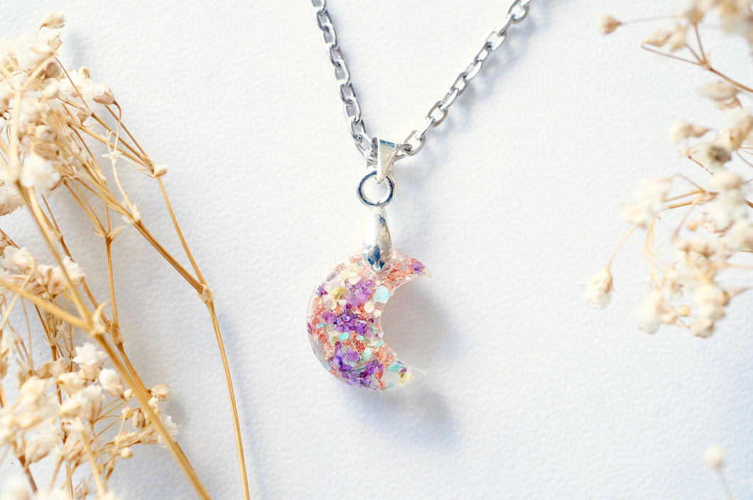 Real Pressed Flowers in Moon Resin Necklace in Purples, Yellows, Mint and White with Rose Gold Flakes