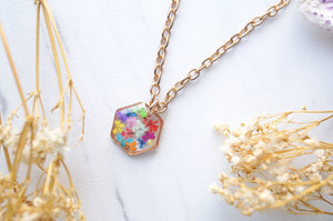 Real Dried Flowers in Resin Necklace, Small Rose Gold Hexagon in Party Mix
