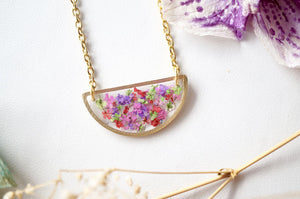 Real Dried Flowers in Resin Necklace, Half Circle in Purple Red Purple Green
