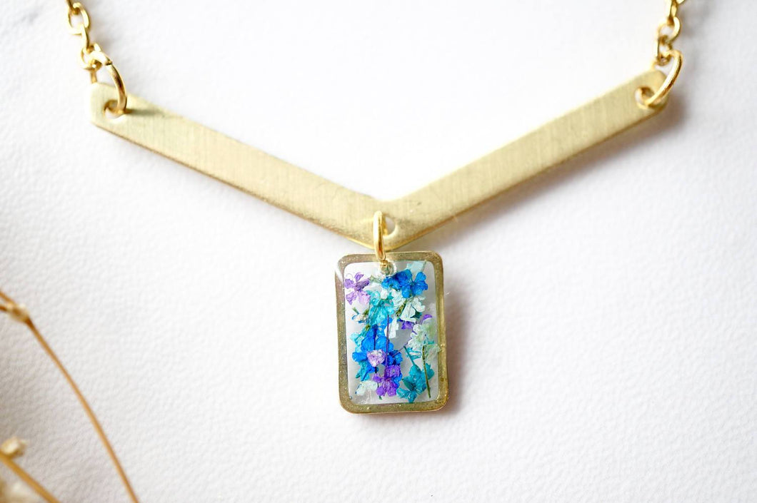 Real Pressed Flowers in Resin Necklace, Gold Arrow and Rectangle in Purple Blue Mint Teal