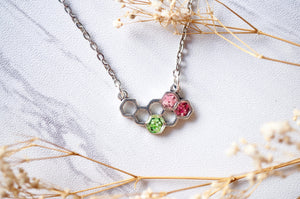Real Pressed Flowers in Honeycomb Resin Necklace in Green and Pinks
