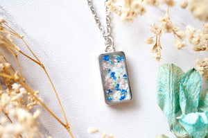 Real Pressed Flowers in Resin Necklace, Silver Rectangle in Pink Mint Blue