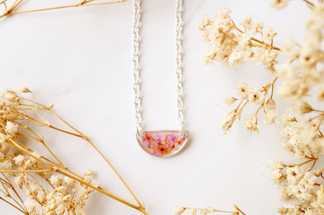Real Dried Flowers in Resin Necklace, Small Silver Half Circle in Pink Orange Mix