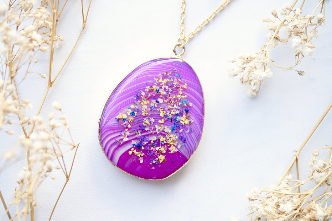 Real Dried Flowers and Resin Necklace, Pink Geode in Purple Yellow Mix