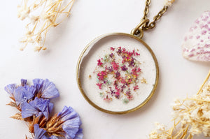 Real Pressed Flowers in Resin, Circle Necklace in Pink Purple Mint Gold Flakes