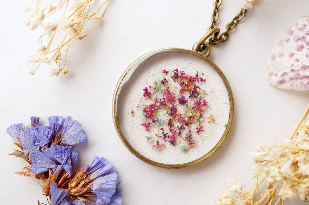 Real Pressed Flowers in Resin, Circle Necklace in Pink Purple Mint Gold Flakes