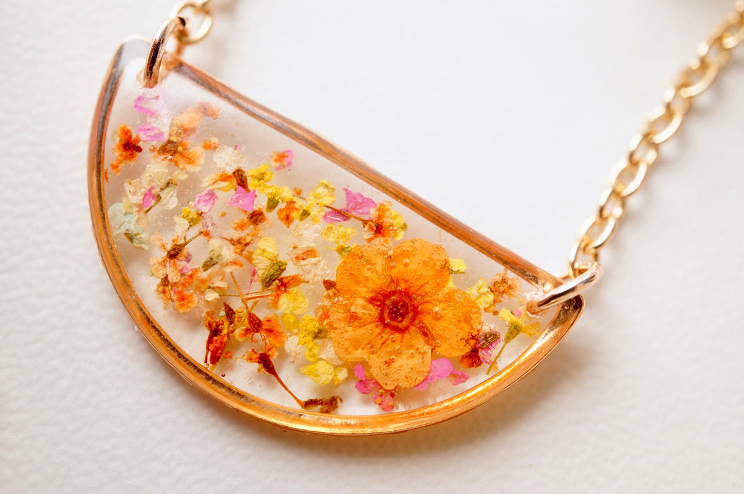 Real Pressed Flowers in Resin Necklace, Half Circle in Orange Yellow Pink and White mix