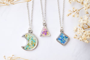 Real Dried Flowers and Resin Necklace, Silver Moon in Teal Green Yellow