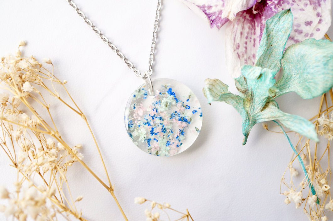 Real Dried Flowers in Resin Necklace,  Circle in Light Pink Blue Mint