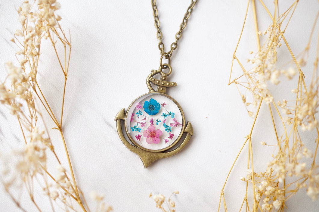 Real Pressed Flowers in Resin Anchor Necklace in Pink and Blue