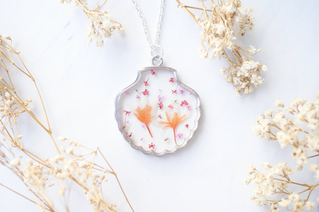 Real Dried Flowers in Resin, Silver Seashell Necklace in Orange Pink White Mix