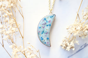 Real Dried Flowers and Resin Necklace, Blue Moon Geode in Purple Blue White and Gold