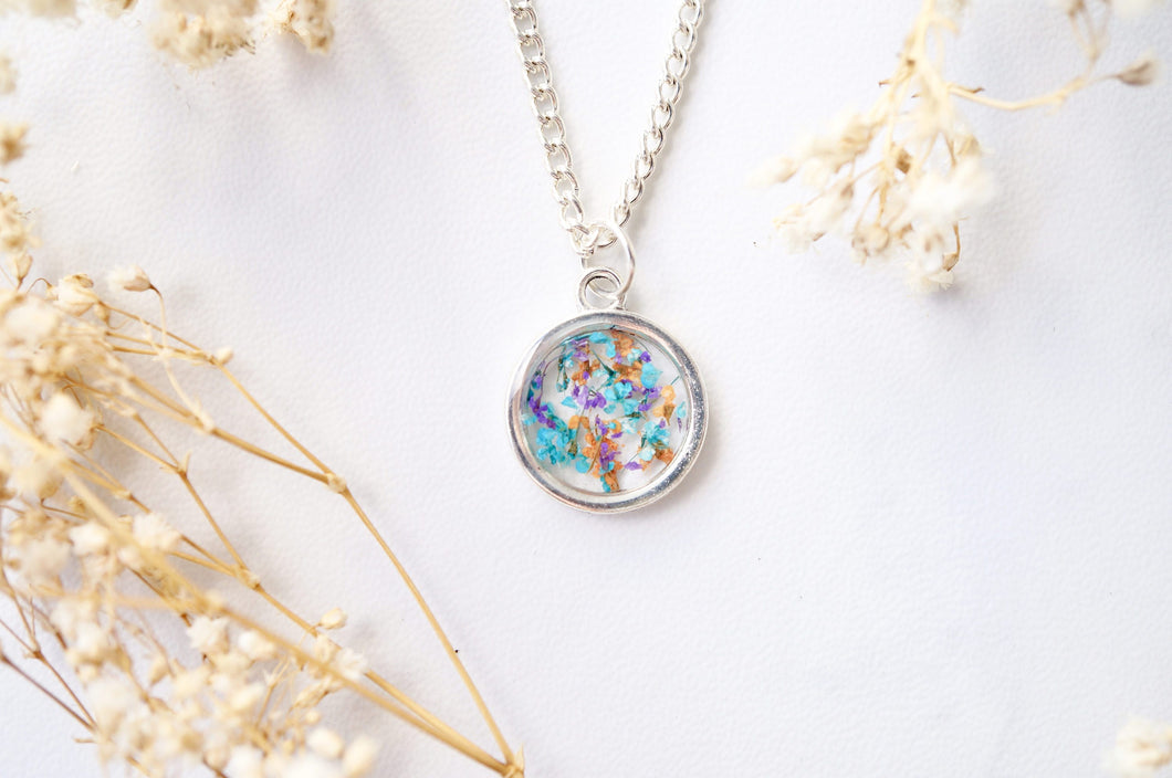 Real Dried Flowers in Resin Necklace, Small Silver Circle in Orange Purple Blue