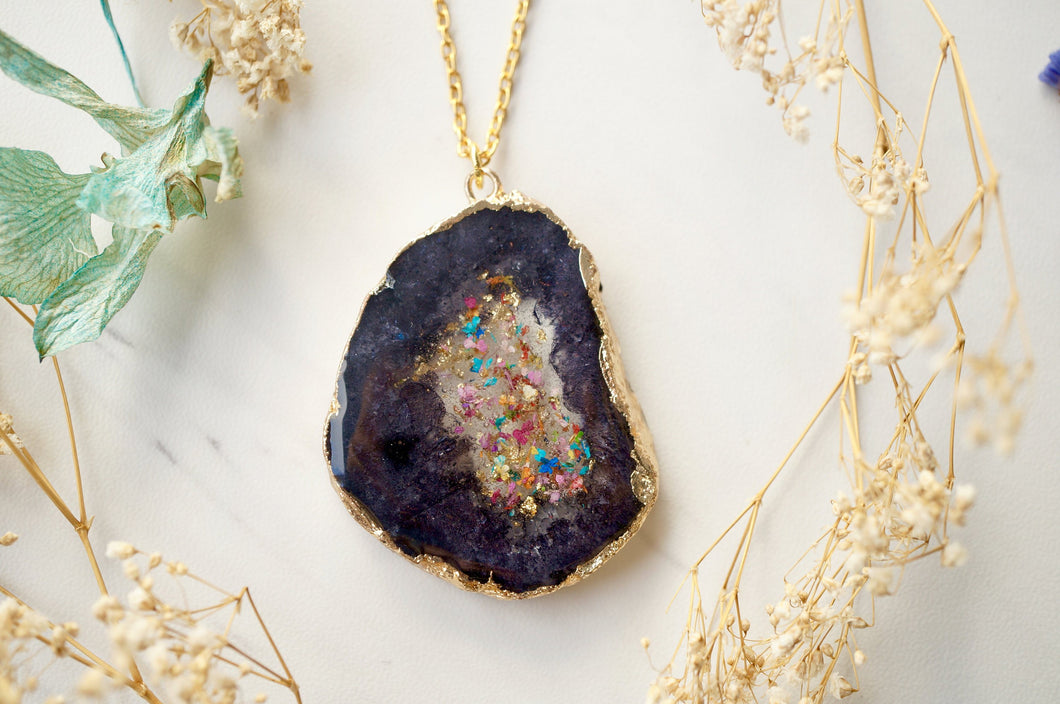 Real Dried Flowers and Resin Necklace, Dark Gray Druzy Geode in Gold and Party Mix