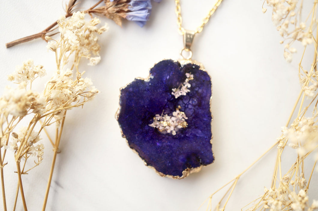 Real Dried Flowers and Resin Necklace, Purple Druzy Geode in Gold and Purple